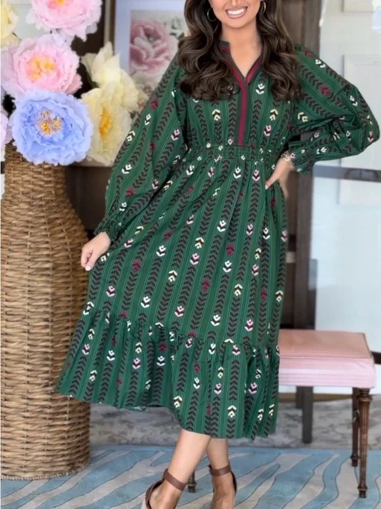 Umgee Green Patterned Long-Sleeve Midi Dress with Pink & Yellow Accents - Picture 4 of 4